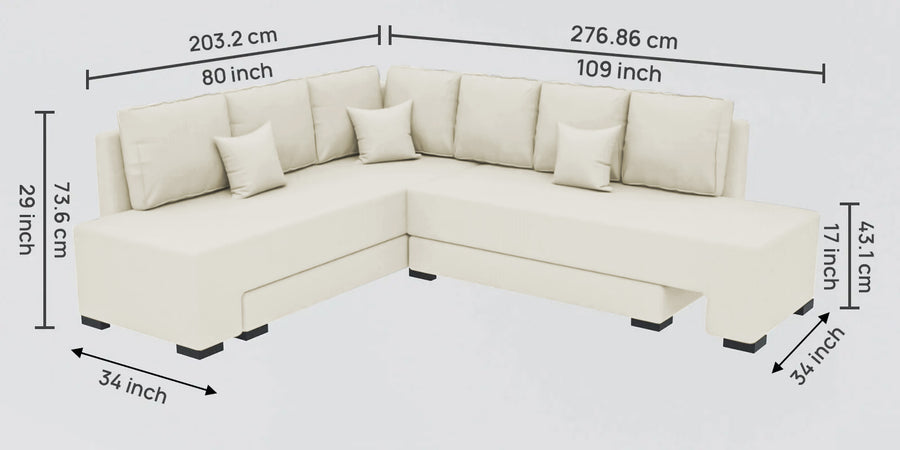 Corby Velvet Lhs 6 Seater Convertible Sofa Cum Bed In Warm White Colour - Febonic Living