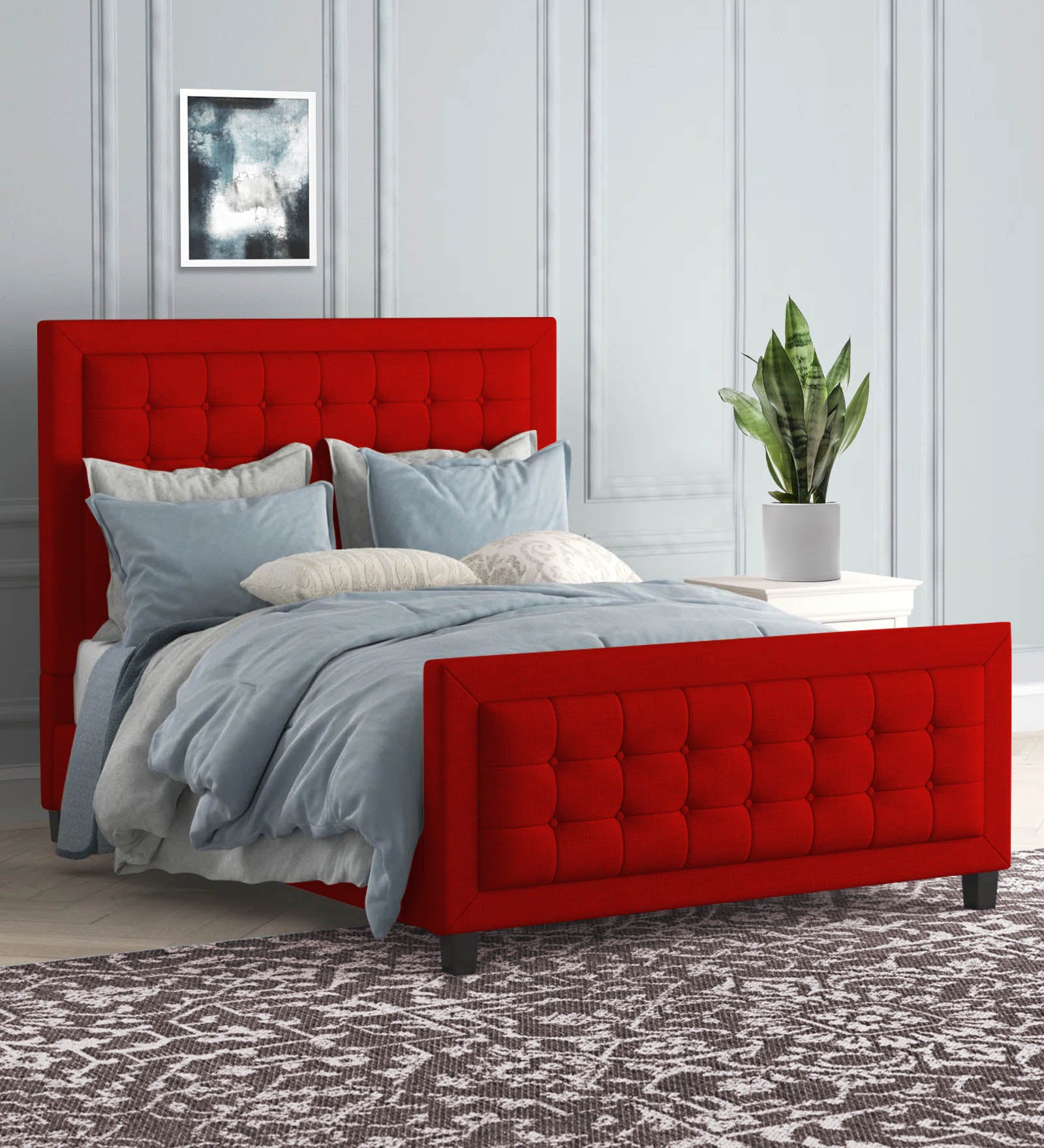 Kaster Fabric Queen Size Bed In Ruby Red Colour