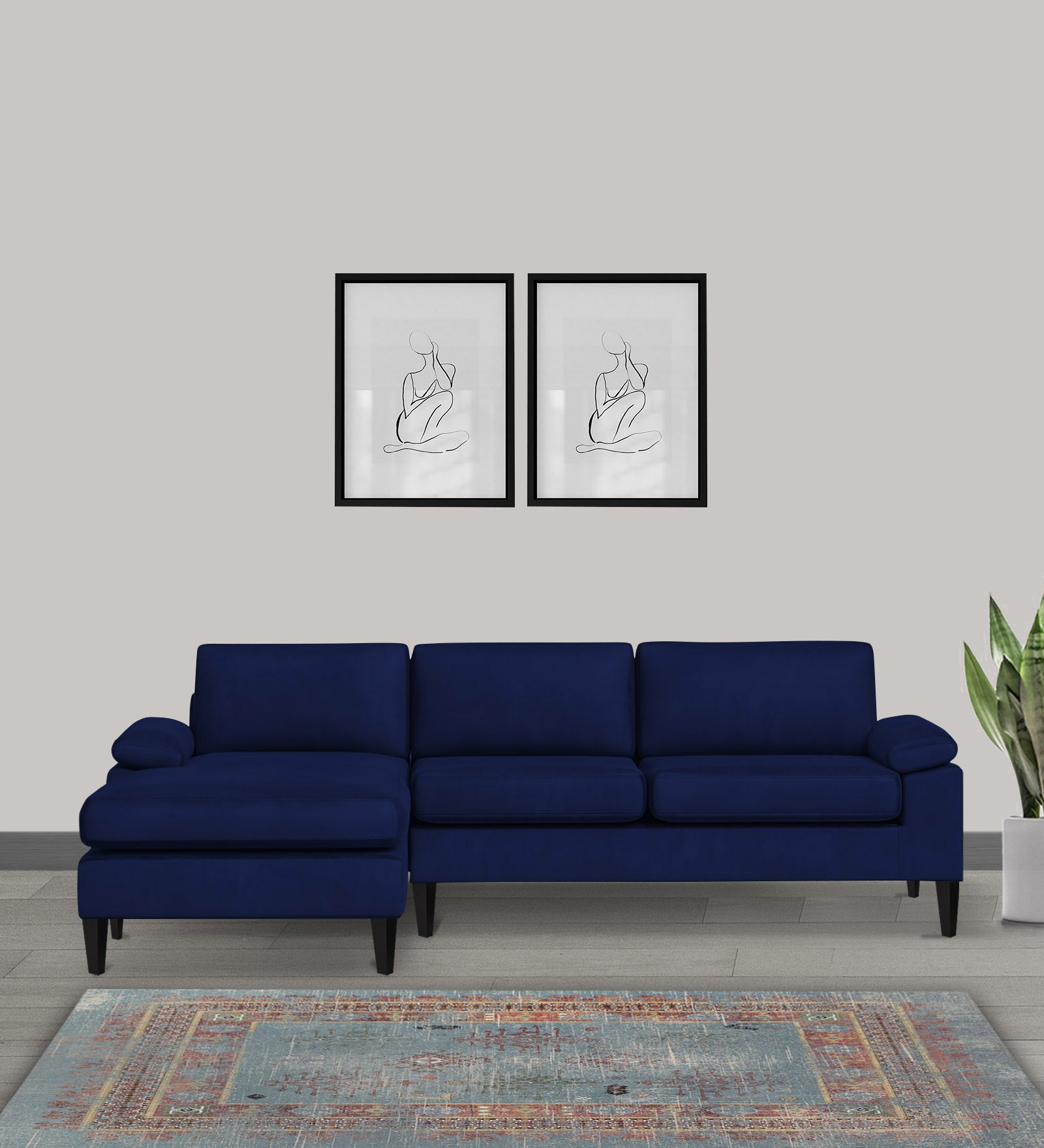 Vegas Velvet RHS Sectional Sofa (3+Lounger) In Imperial Blue Colour