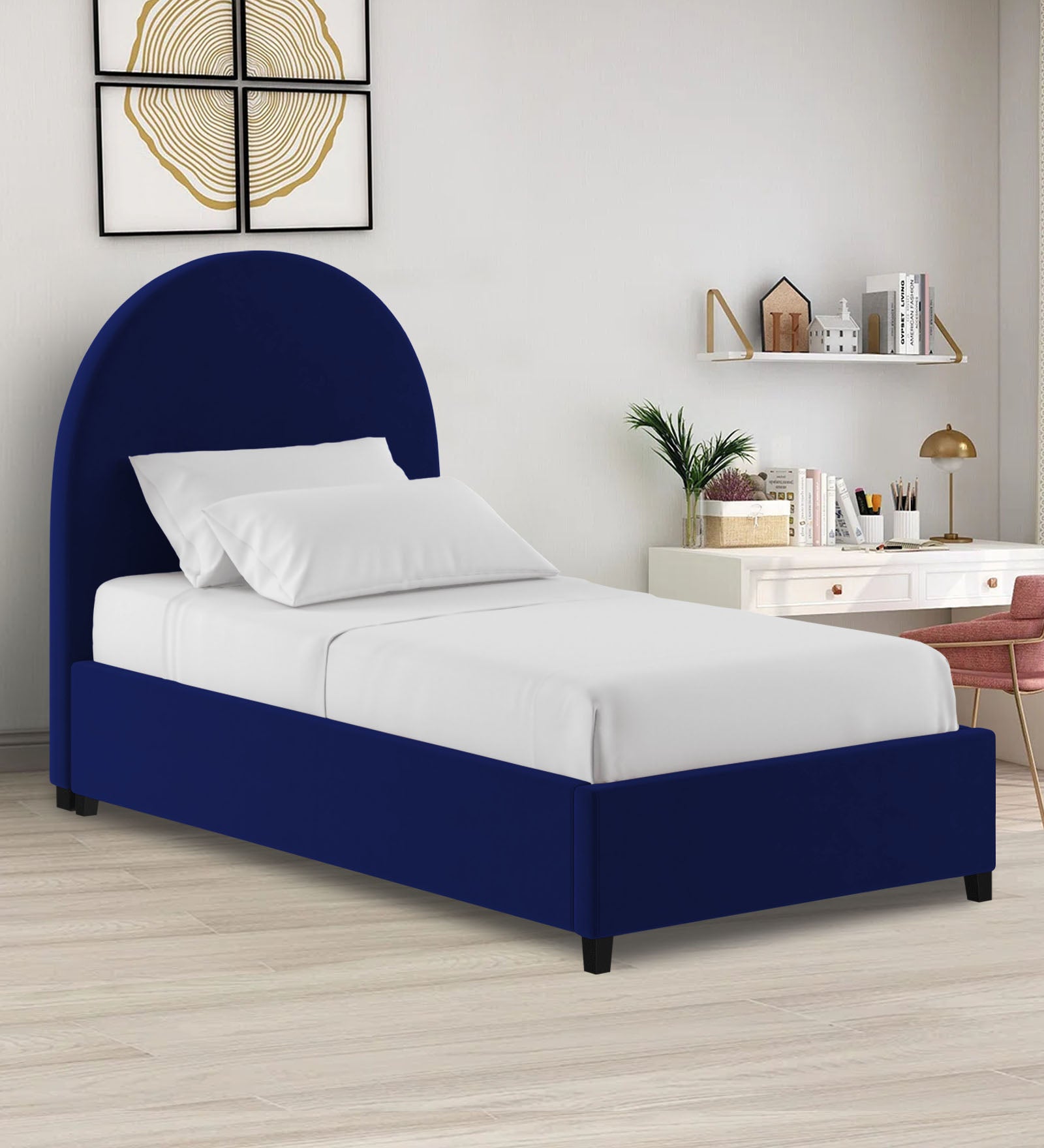 Maro Velvet Single Size Bed In Indigo Blue Colour