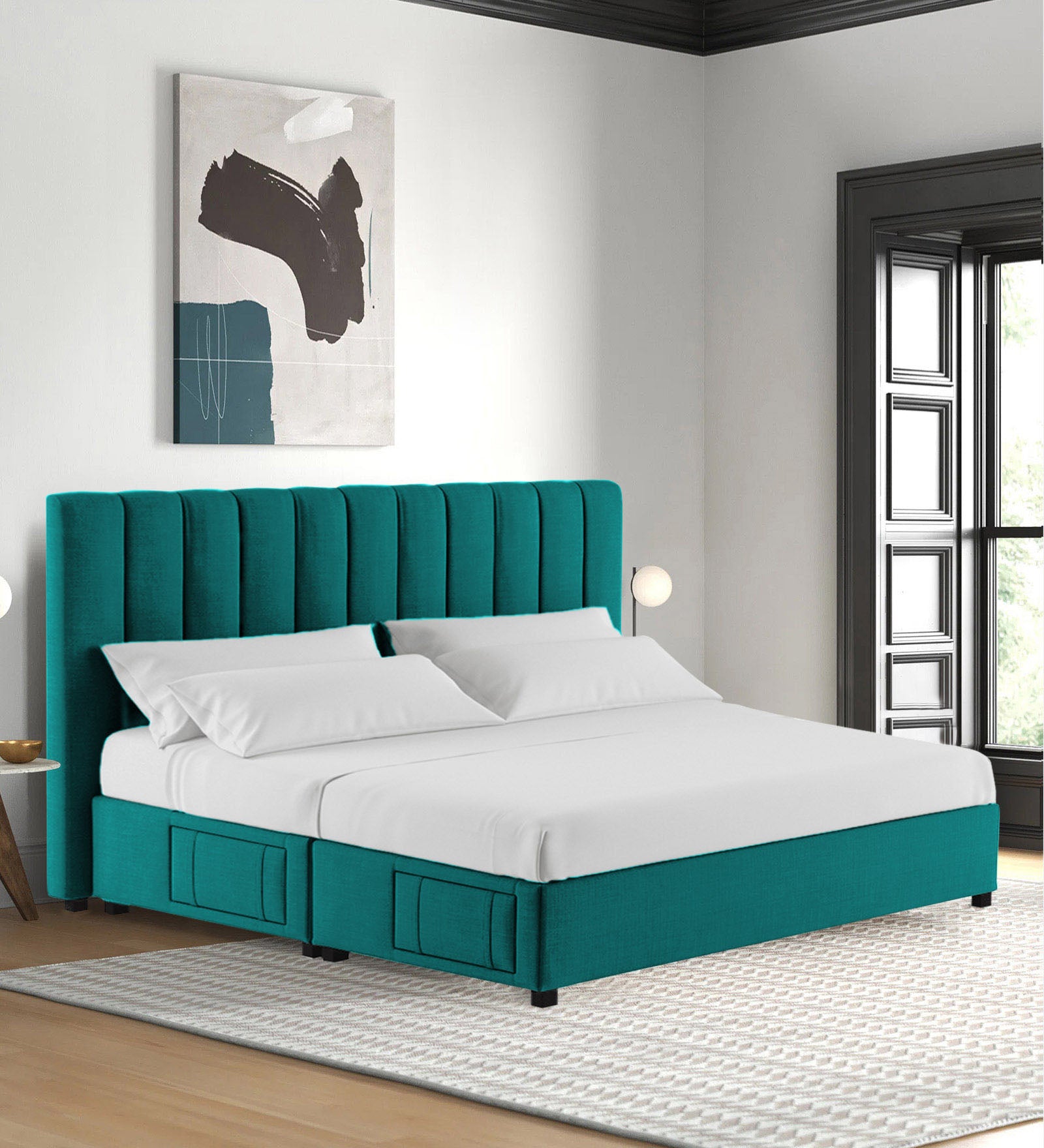 Nivi Fabric King Size Bed In Sea Green Colour With Drawer Storage