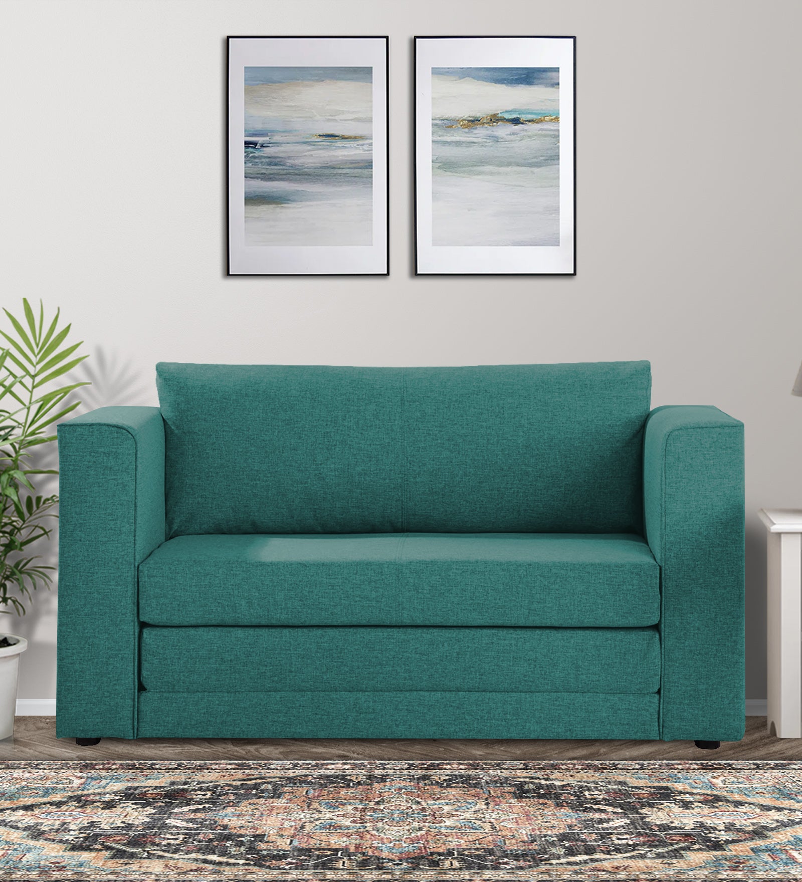 Kenia Fabric 2 Seater Convertible Sofa Cum Bed in Sea Green Colour