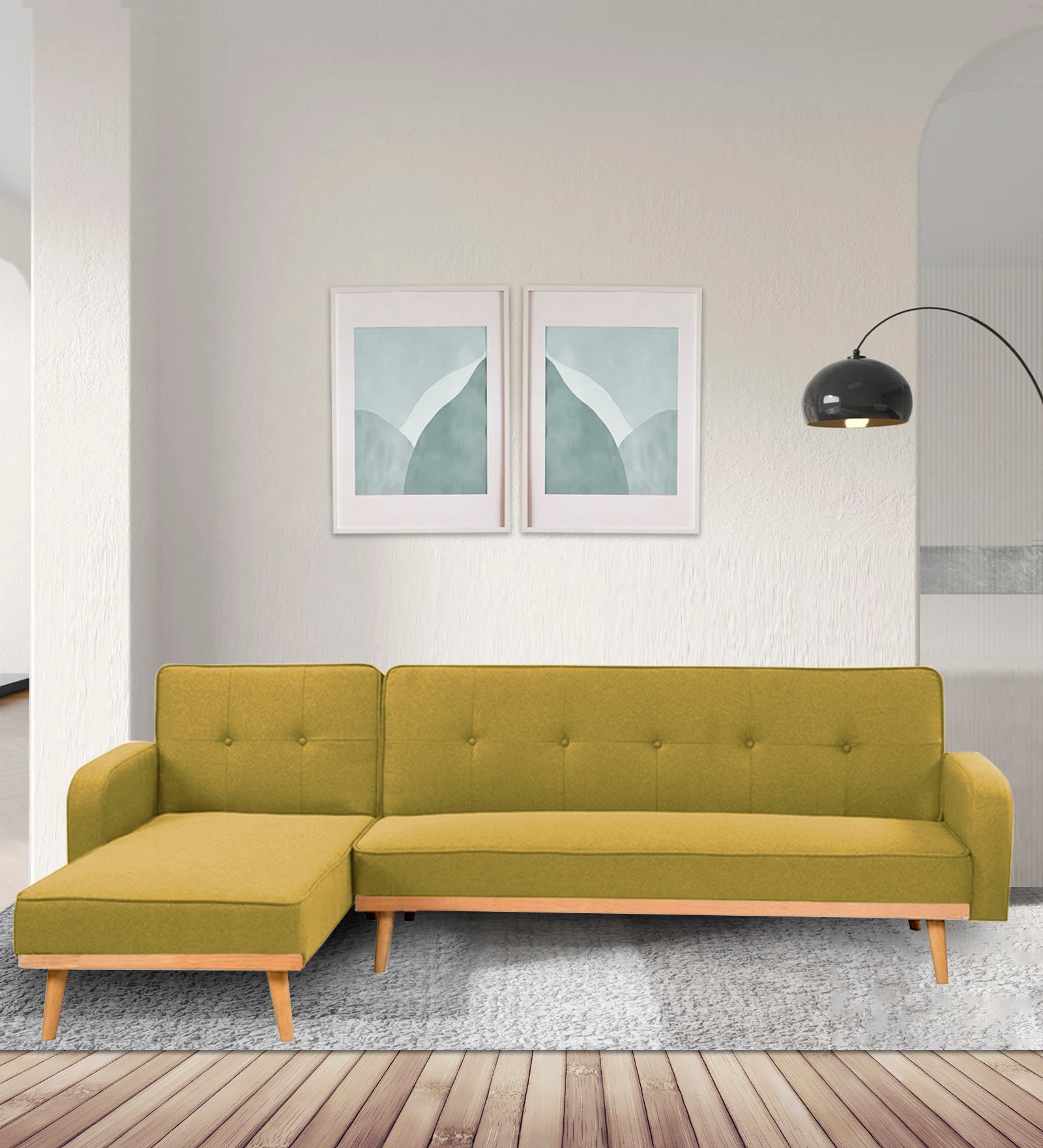 Zuno Fabric RHS Sectional + Sofa Cum Bed In Parrot Green Colour