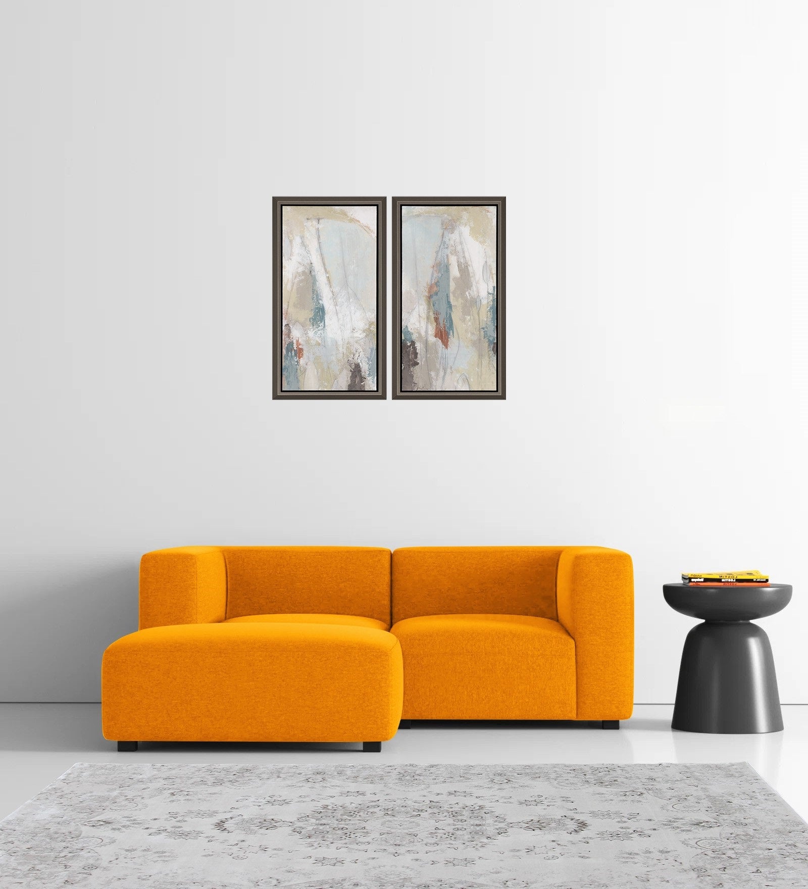Dora Velvet RHS Sectional Sofa (2+Ottoman) In Saffron Yellow Colour