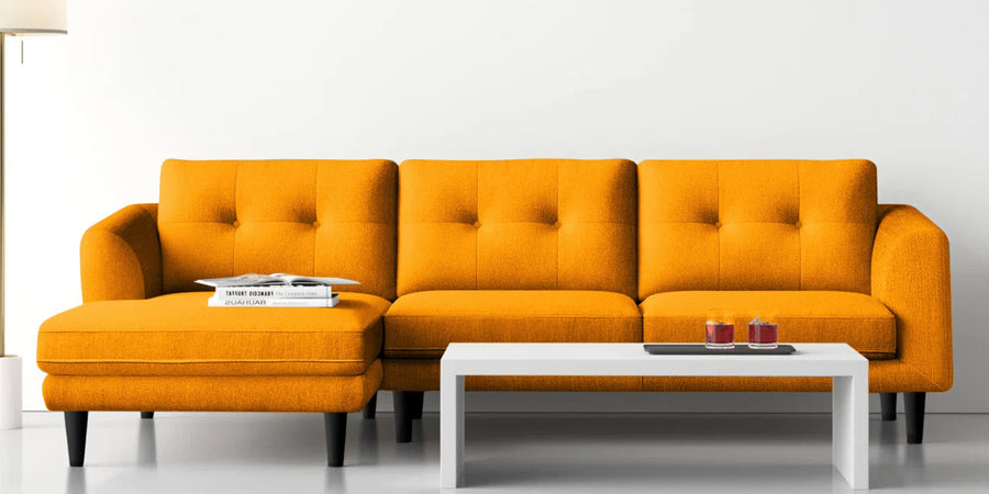 Natasha Velvet Rhs Sectional Sofa 3 Lounger In Saffron Yellow Colour - Febonic Living