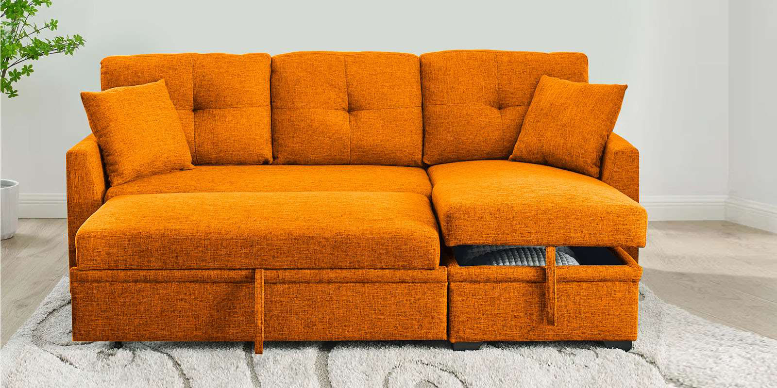 Jody Fabric 3 Seater Pull Out Sofa Cum Bed In Vivid Orange Colour