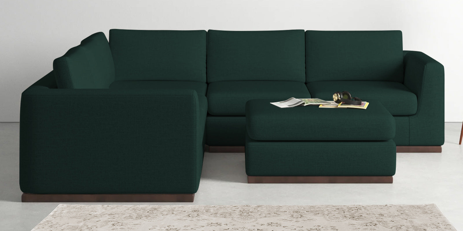 Freedom Velvet 6 Seater LHS Sectional Sofa In Forest Green Colour With Ottoman