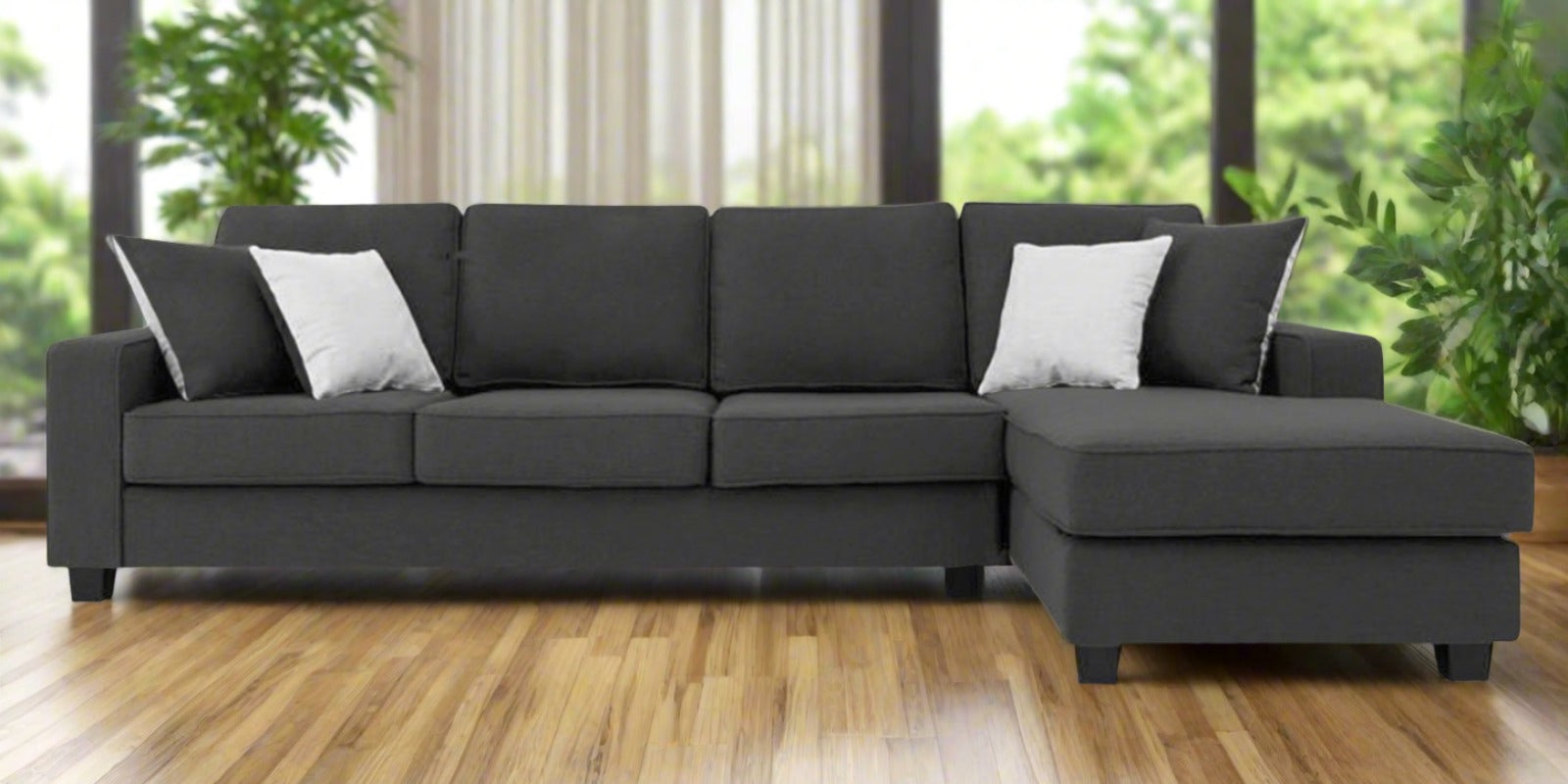 Ladybug Fabric LHS Sectional Sofa (3+Lounger) In Charcoal Grey Colour