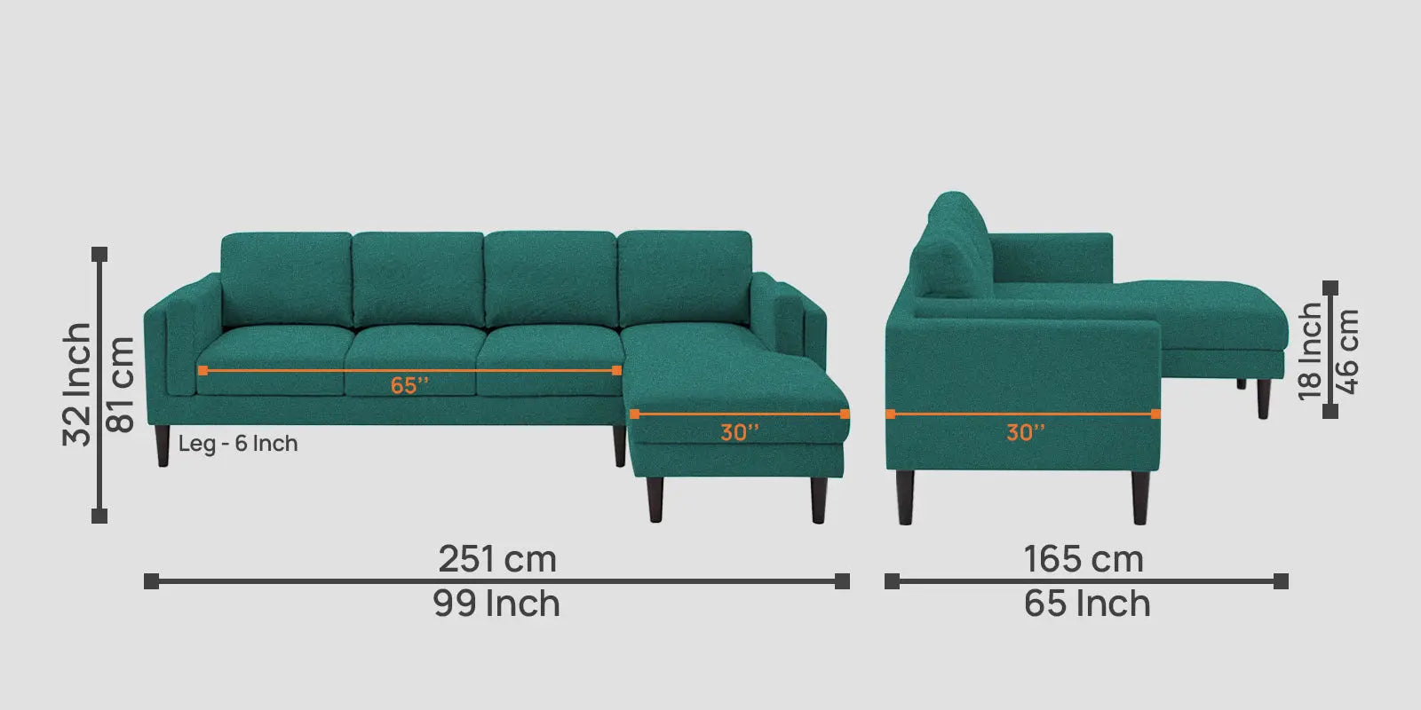 Creata Fabric LHS Sectional Sofa (3+Lounger) In Sea Green Colour Febonic Living