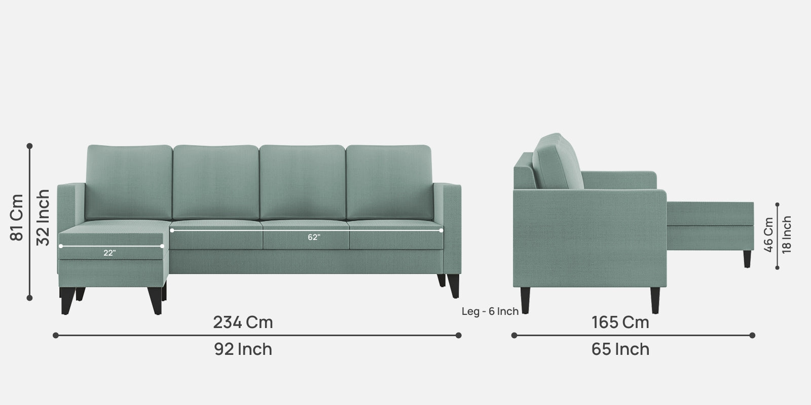 Nori Fabric RHS Sectional Sofa (3 + Lounger) In Suka Blue Colour