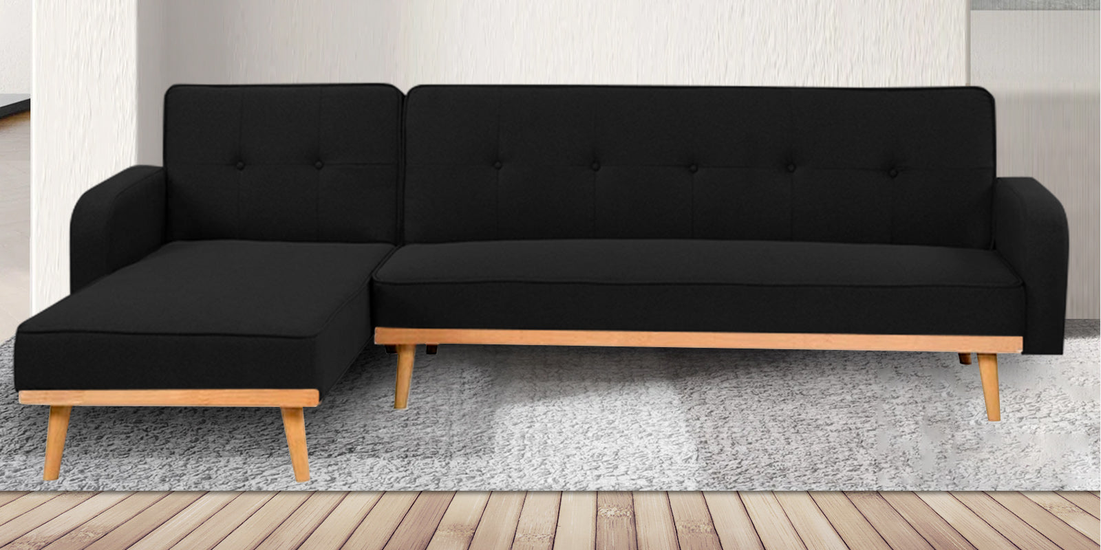 Zuno Fabric RHS Sectional + Sofa Cum Bed In Zed Black Colour