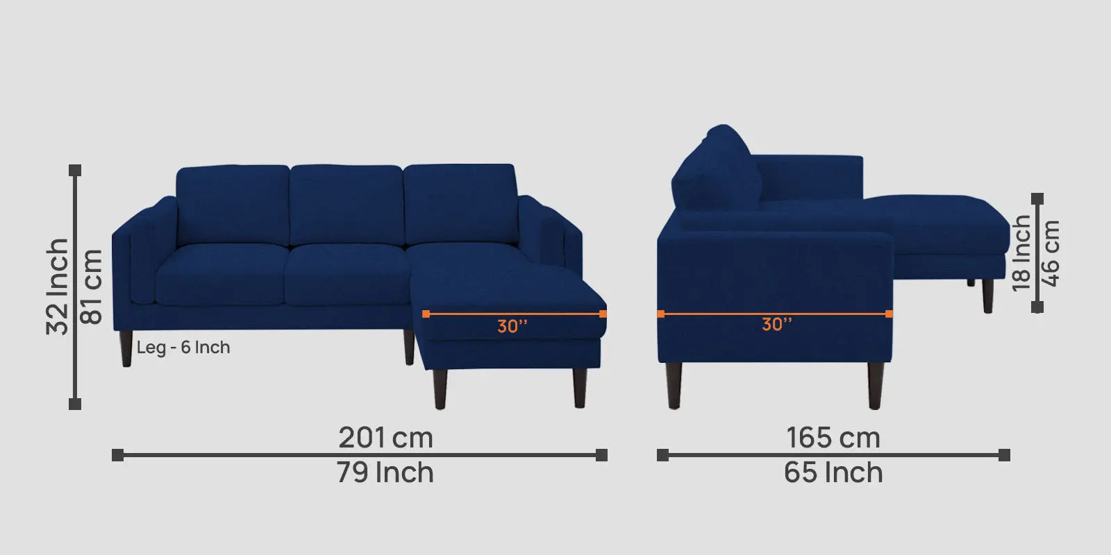 Creata Fabric LHS Sectional Sofa (2+Lounger) In Royal Blue Colour Febonic Living