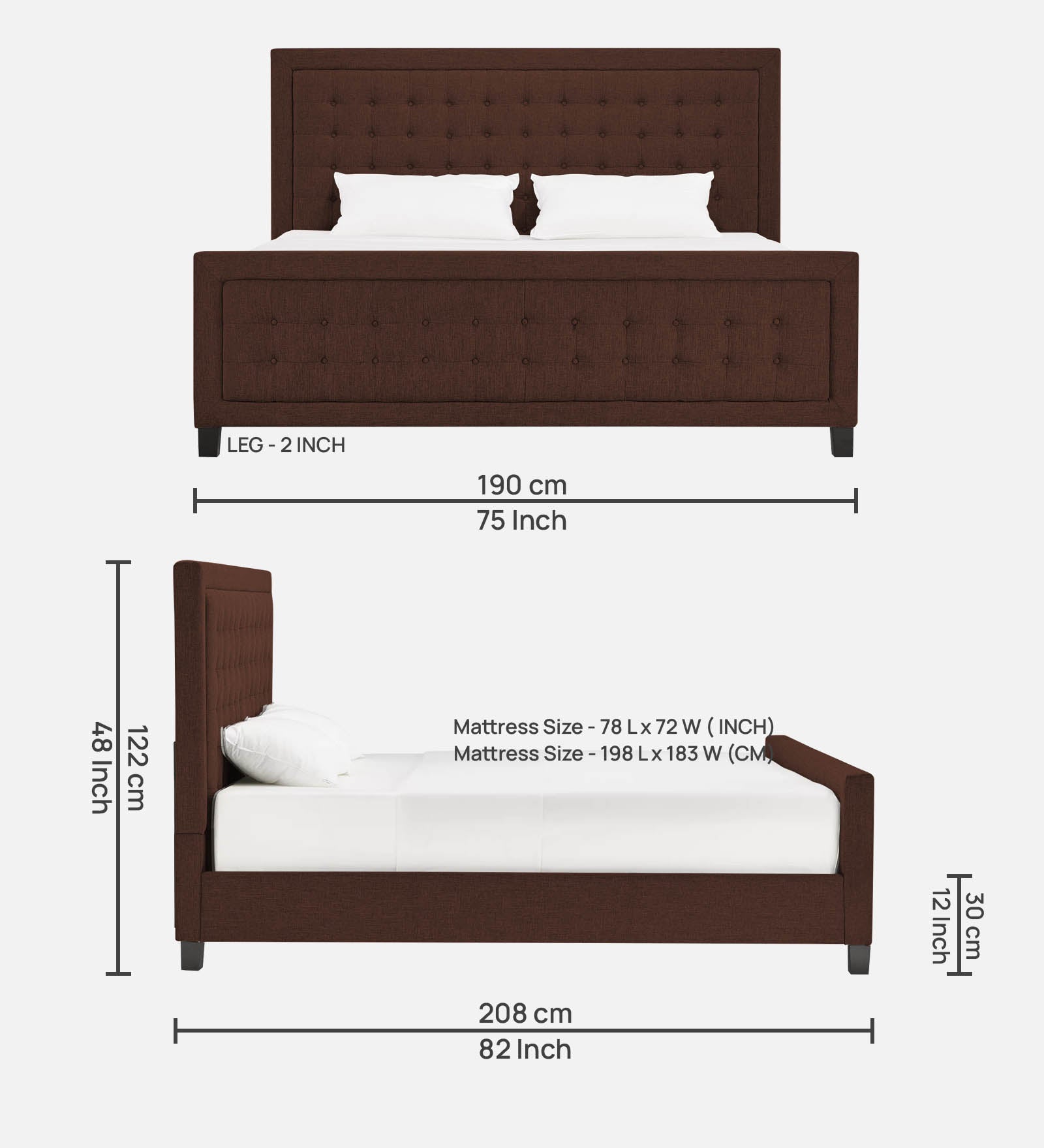 Kaster Fabric King Size Bed In Coffee Brown Colour