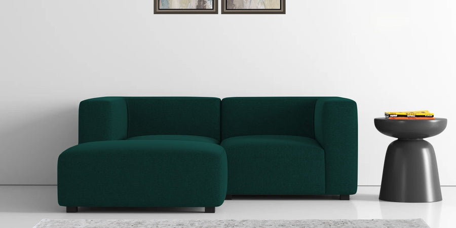Dora Velvet Rhs Sectional Sofa 2 Ottoman Lounger In Forest Green Colour - Febonic Living