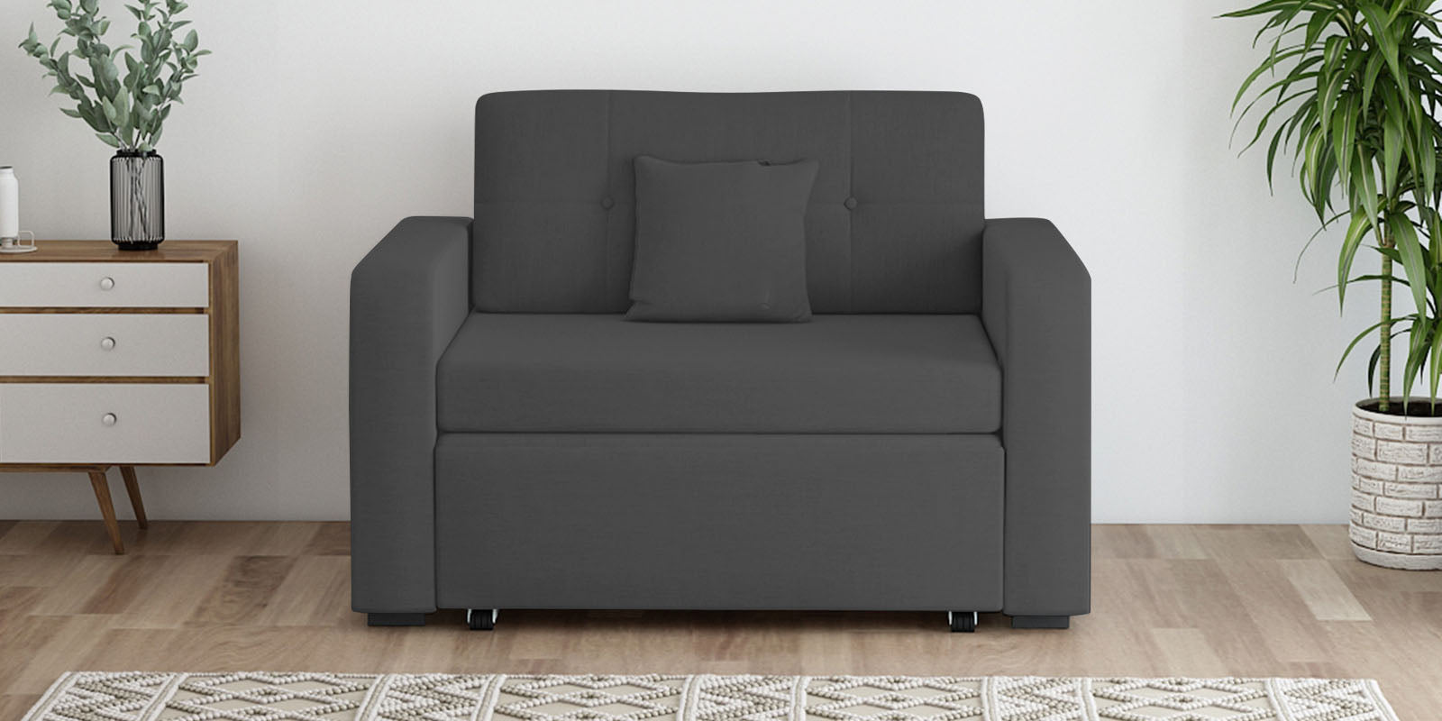 Rocky Fabric 2 Seater Pull Out Sofa Cum Bed In Charcoal Grey Colour With Storage