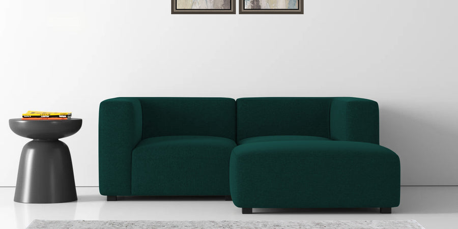 Dora Velvet Lhs Sectional Sofa 2 Ottoman Lounger In Forest Green Colour - Febonic Living