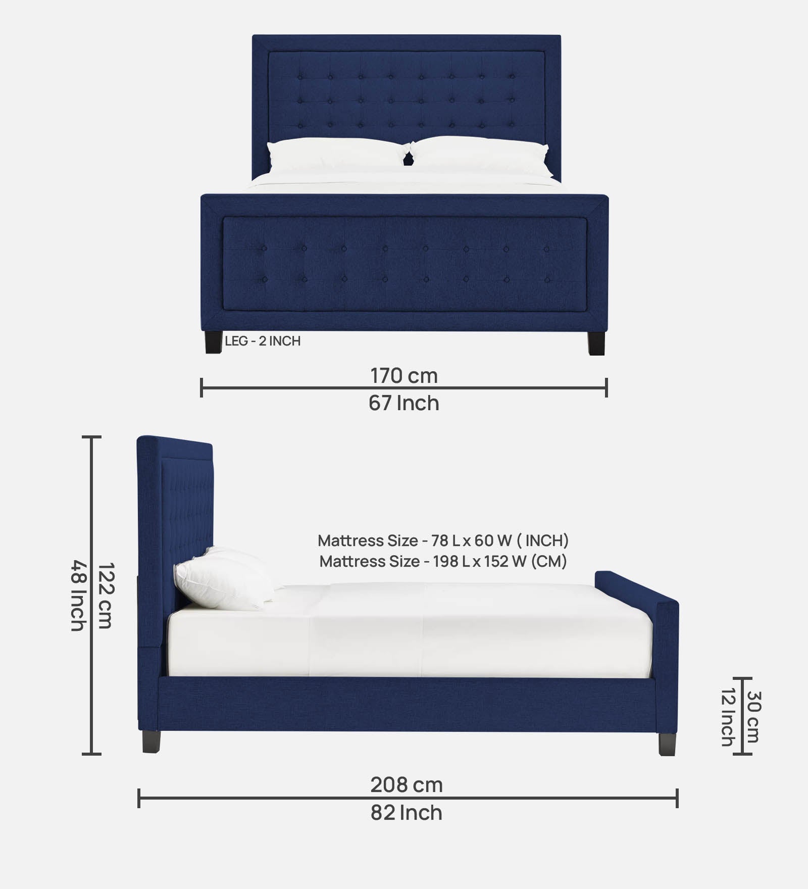 Kaster Fabric Queen Size Bed In Royal Blue Colour