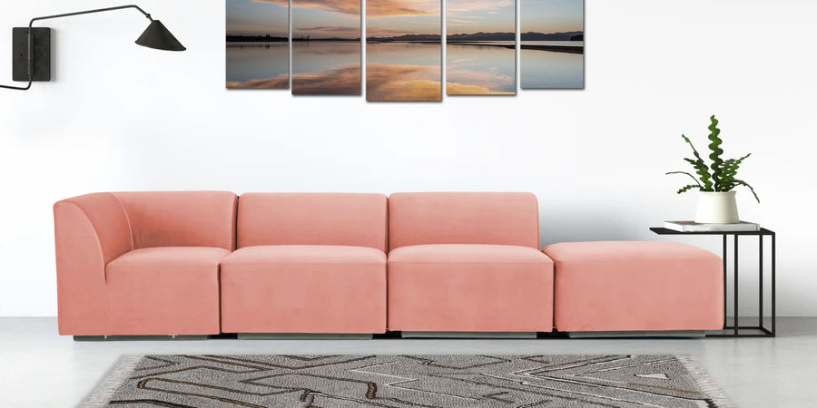 Bufa Velvet Rhs Sectional Sofa In Blush Pink Colour With Ottoman - Febonic Living