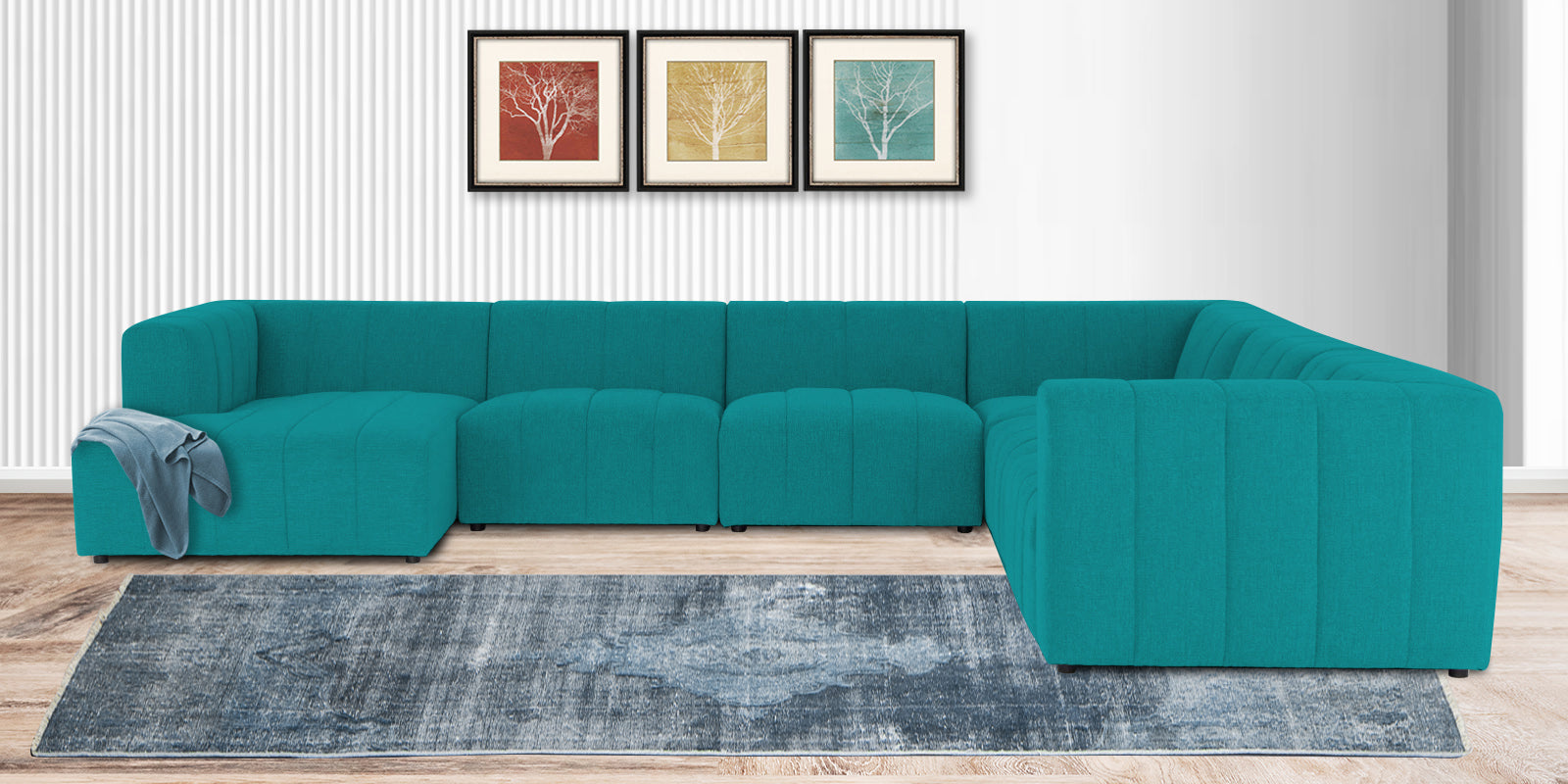 Damo Fabric RHS 8 Seater Sectional Sofa In Sea Green Colour