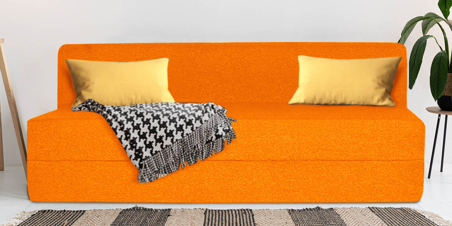 Fleepy Fabric 3 Seater Foldable Sofa Cum Bed In Vivid Orange Colour - Febonic Living