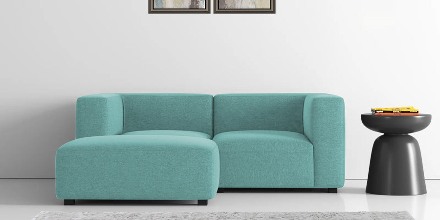 Dora Velvet Rhs Sectional Sofa 2 Ottoman Lounger In Barmunda Aqua Colour - Febonic Living
