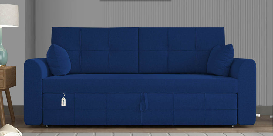 Ines Velvet 3 Seater Pull Out Sofa Cum Bed In Royal Blue Colour With Storage - Febonic Living