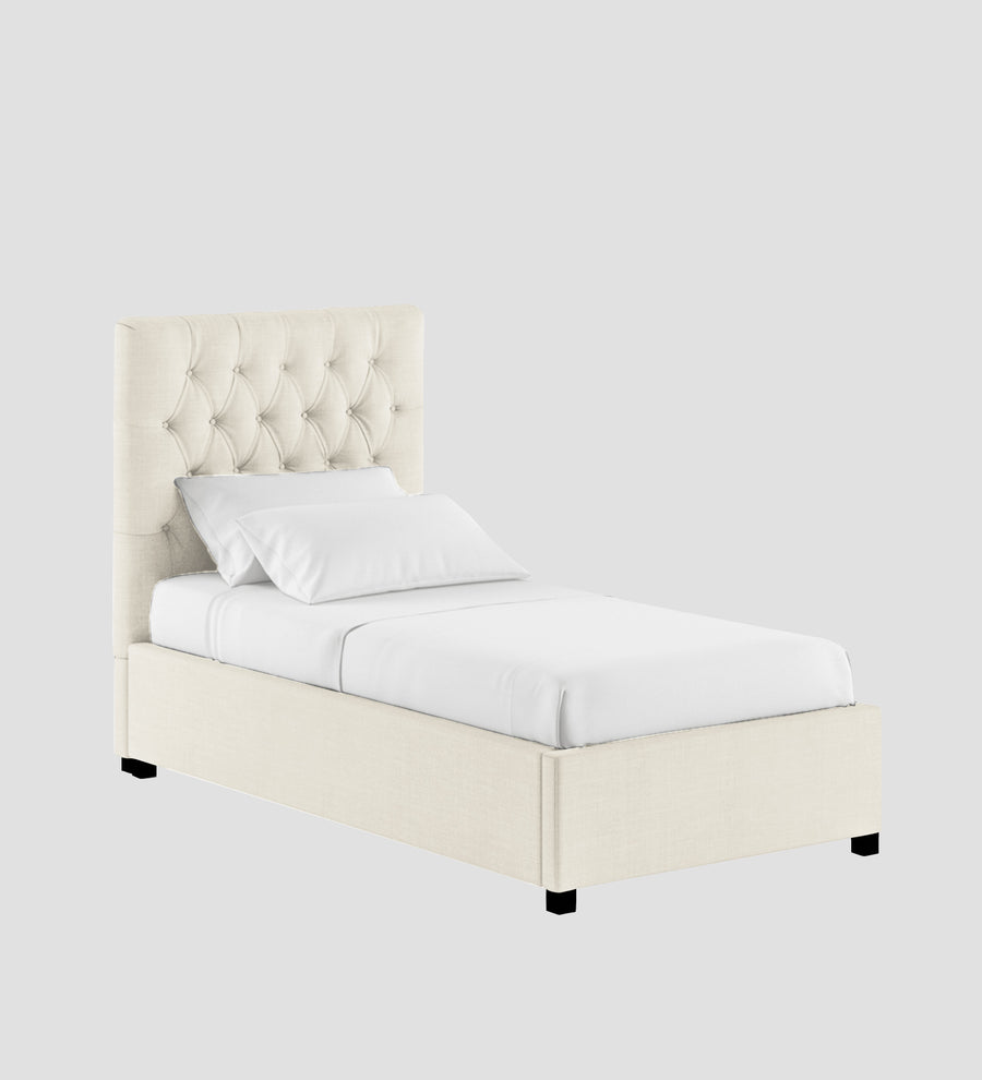 Isko Fabric Upholstered Single Size Bed In Ivory Cream Colour With Box Storage - Febonic Living