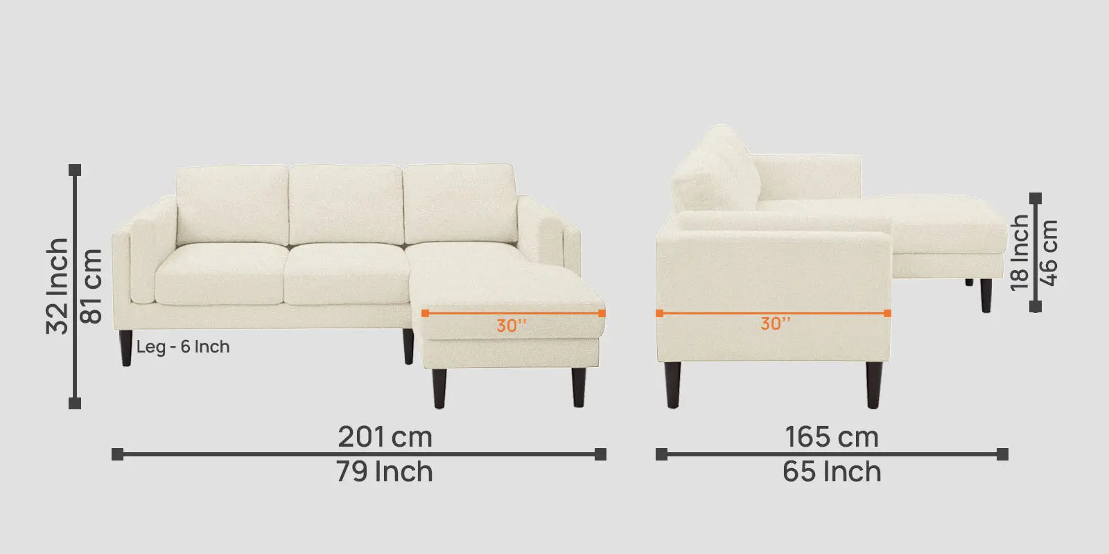 Creata Fabric LHS Sectional Sofa (2+Lounger) In Ivory Cream Colour Febonic Living