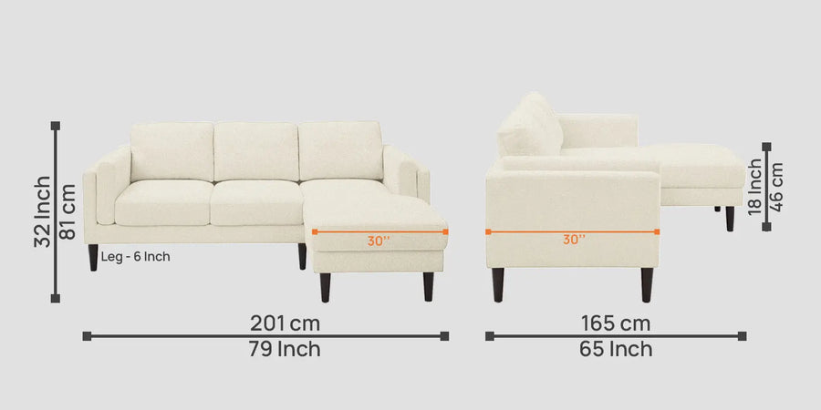 Creata Fabric Lhs Sectional Sofa 2 Lounger In Ivory Cream Colour - Febonic Living