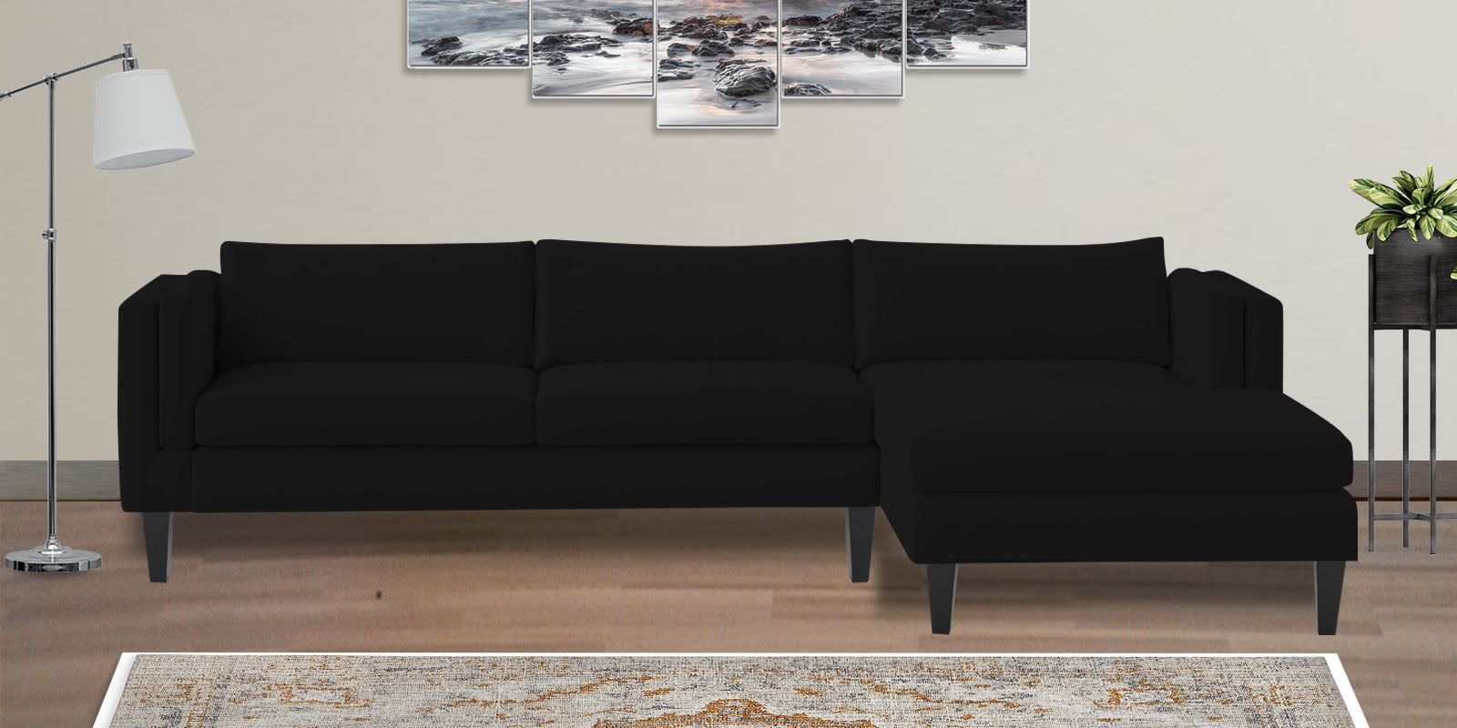 Jasper Velvet LHS Sectional Sofa (3+Lounger) in Adam Black Colour