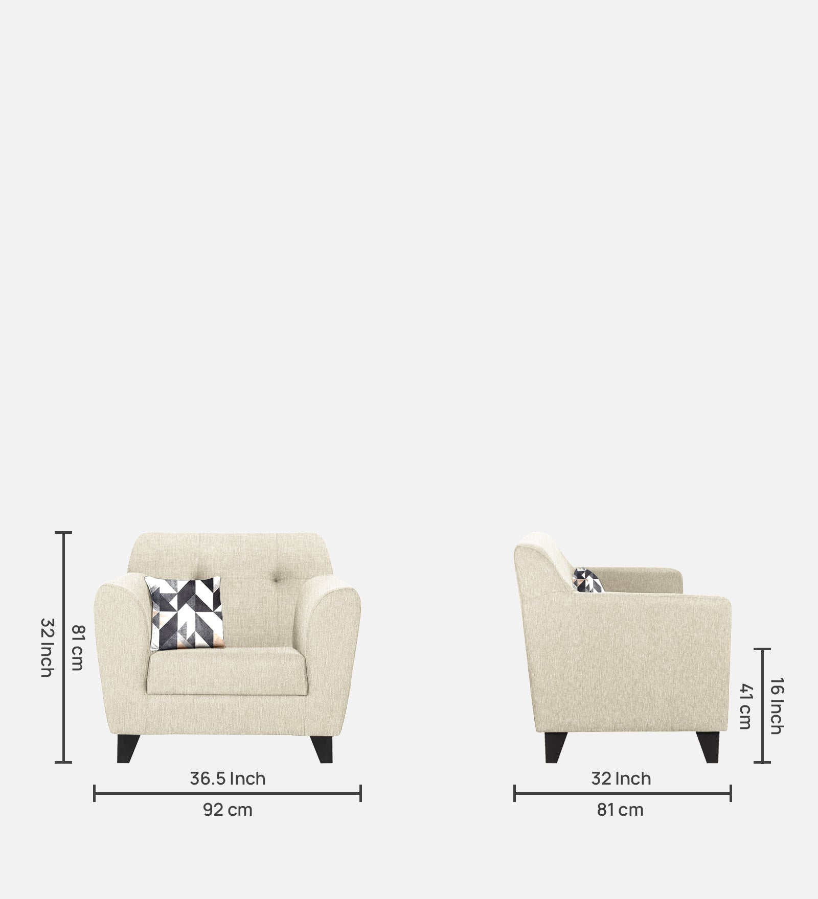 Melaan Fabric 1 Seater Sofa In Ivory cream Colour