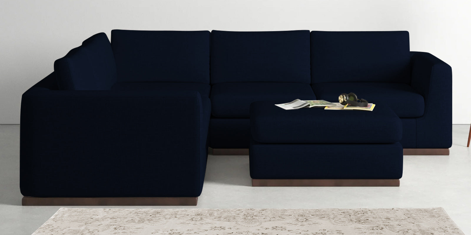 Freedom Velvet 6 Seater LHS Sectional Sofa In Dark Blue Colour With Ottoman