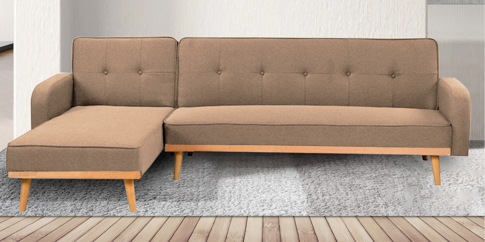 Zuno Fabric RHS Sectional + Sofa Cum Bed In Cookie Beige Colour