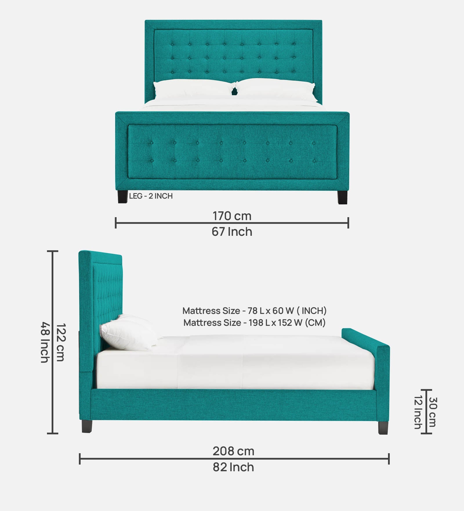 Kaster Fabric Queen Size Bed In Sea Green Colour