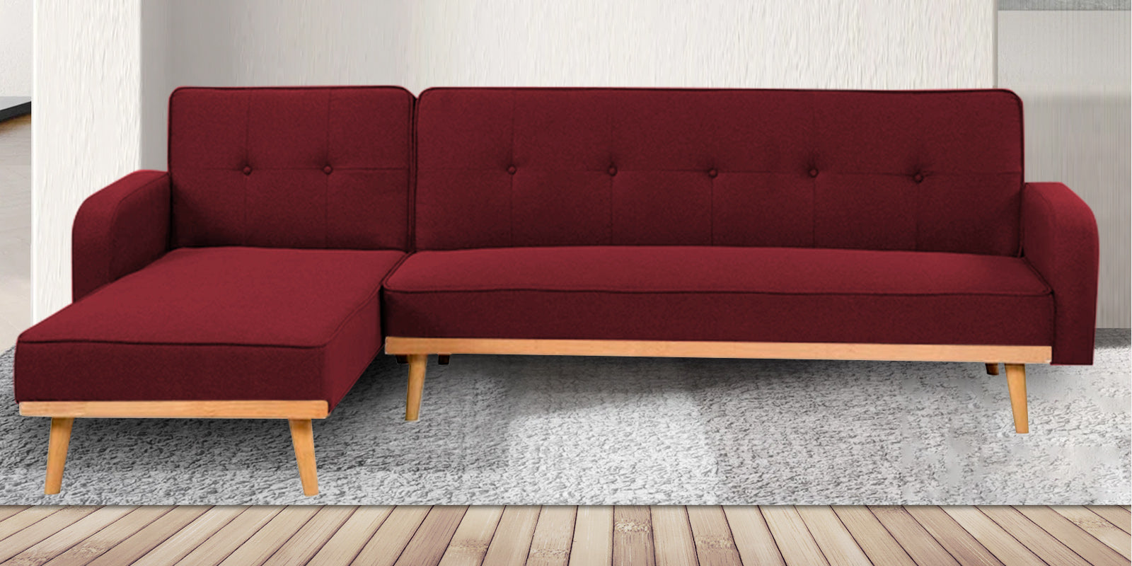 Zuno Fabric RHS Sectional + Sofa Cum Bed In Blood Maroon Colour