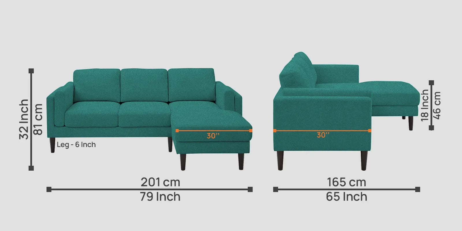 Creata Fabric LHS Sectional Sofa (2+Lounger) In Sea Green Colour Febonic Living