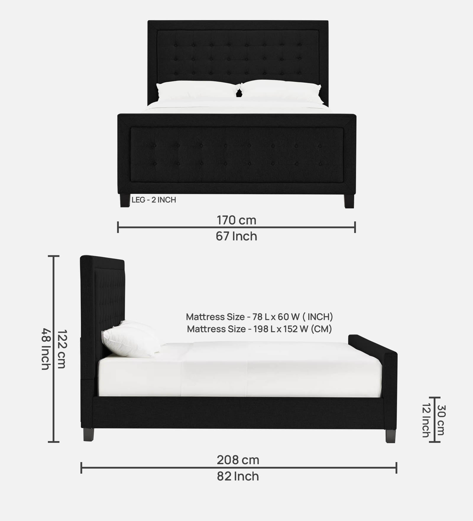 Kaster Fabric Queen Size Bed In Zed Black Colour