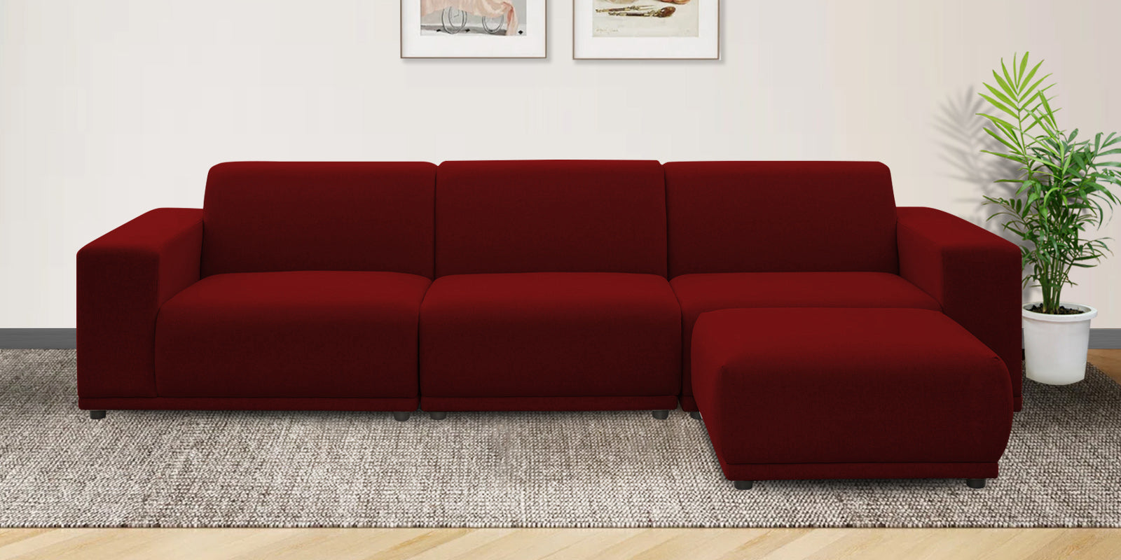 Adam Fabric LHS Sectional Sofa (3 + Lounger) In Blood Maroon Colour