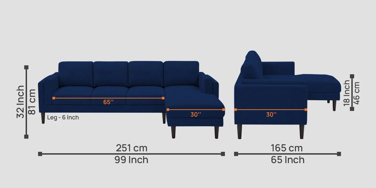 Creata Fabric LHS Sectional Sofa (3+Lounger) In Royal Blue Colour Febonic Living