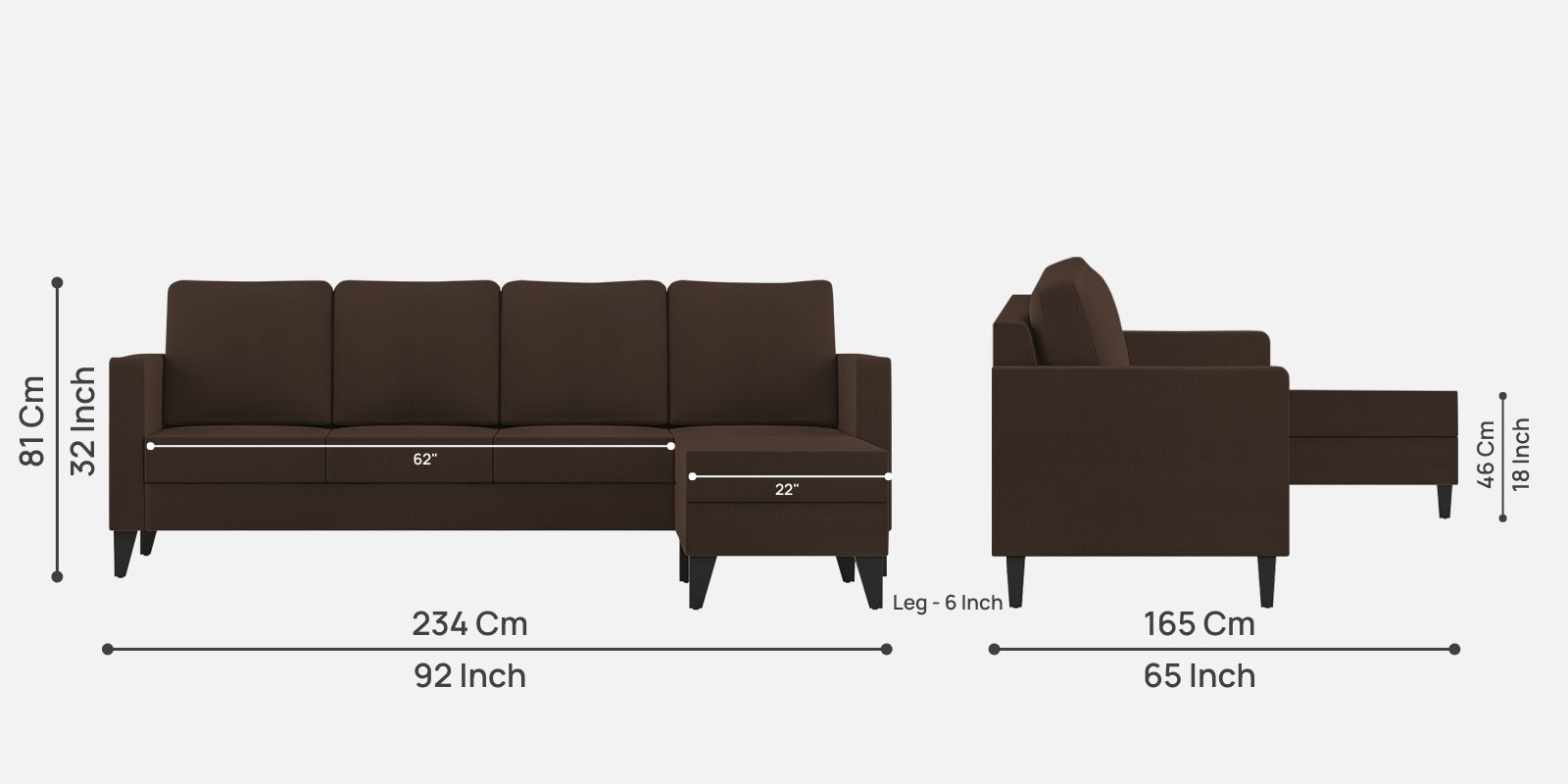 Nori Fabric LHS Sectional Sofa (3 + Lounger) In Cidar Brown Colour