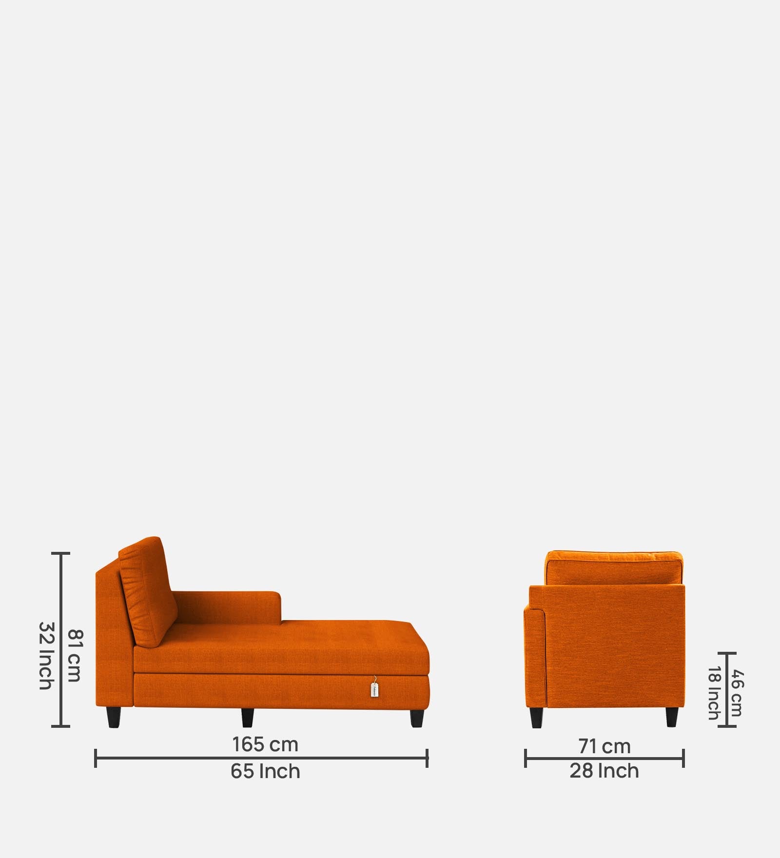 Royee Fabric RHS Chaise Lounger In Vivid Orange Colour With Storage