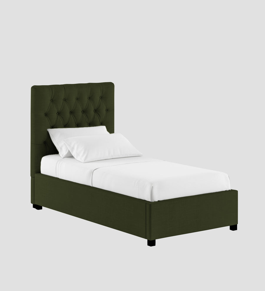 Isko Fabric Upholstered Single Size Bed In Olive Green Colour With Box Storage - Febonic Living