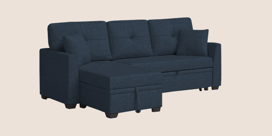 Jody Fabric 3 Seater Pull Out Sofa Cum Bed In Denim Blue Colour With Storage - Febonic Living