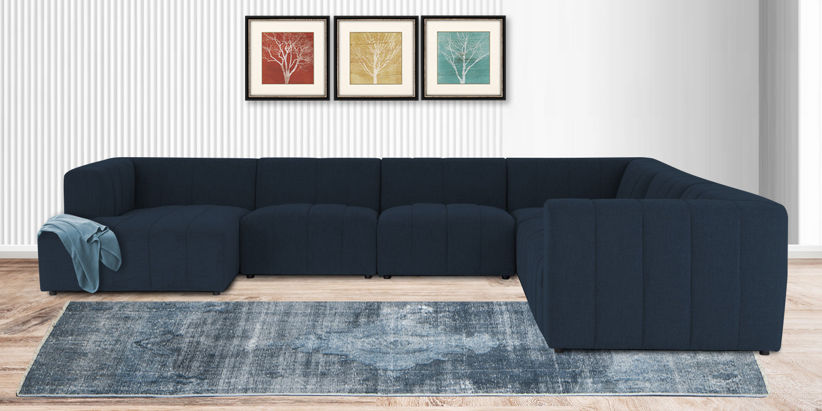 Damo Fabric RHS 8 Seater Sectional Sofa In Denim Blue Colour