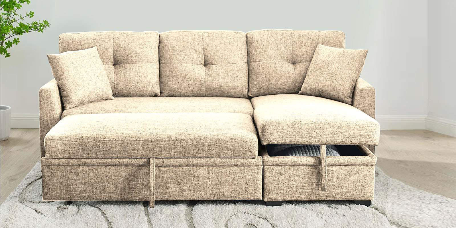 Jody Fabric 3 Seater Pull Out Sofa Cum Bed In Ivory Beige Colour