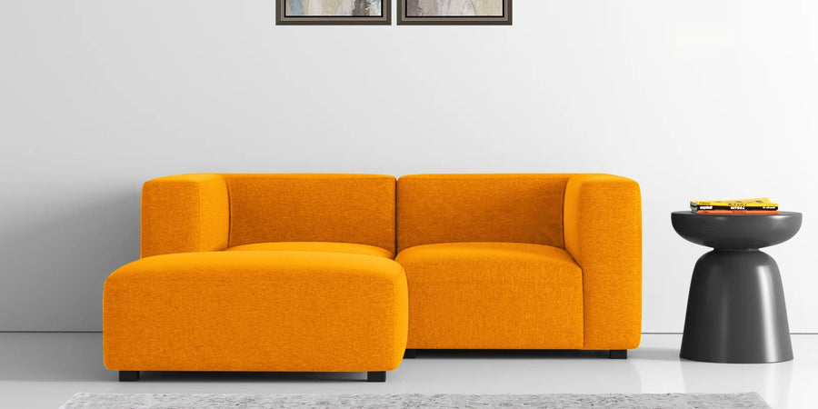 Dora Velvet Rhs Sectional Sofa 2 Ottoman Lounger In Saffron Yellow Colour - Febonic Living