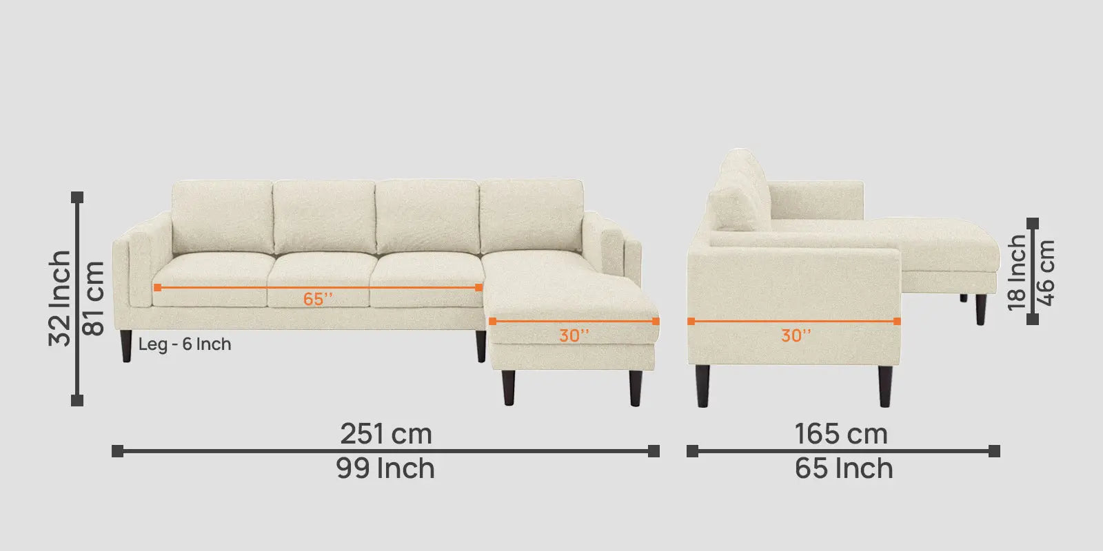 Creata Fabric LHS Sectional Sofa (3+Lounger) In Ivory Cream Colour Febonic Living