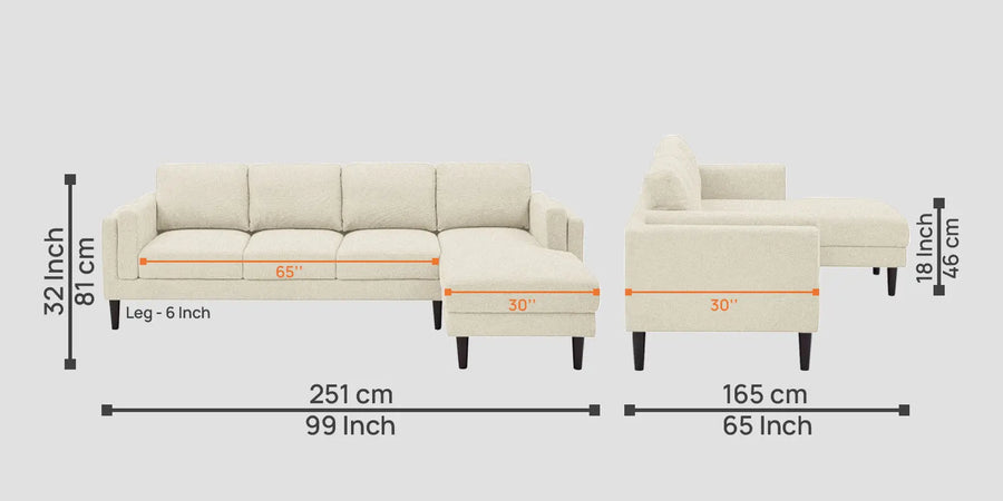 Creata Fabric Lhs Sectional Sofa 3 Lounger In Ivory Cream Colour - Febonic Living