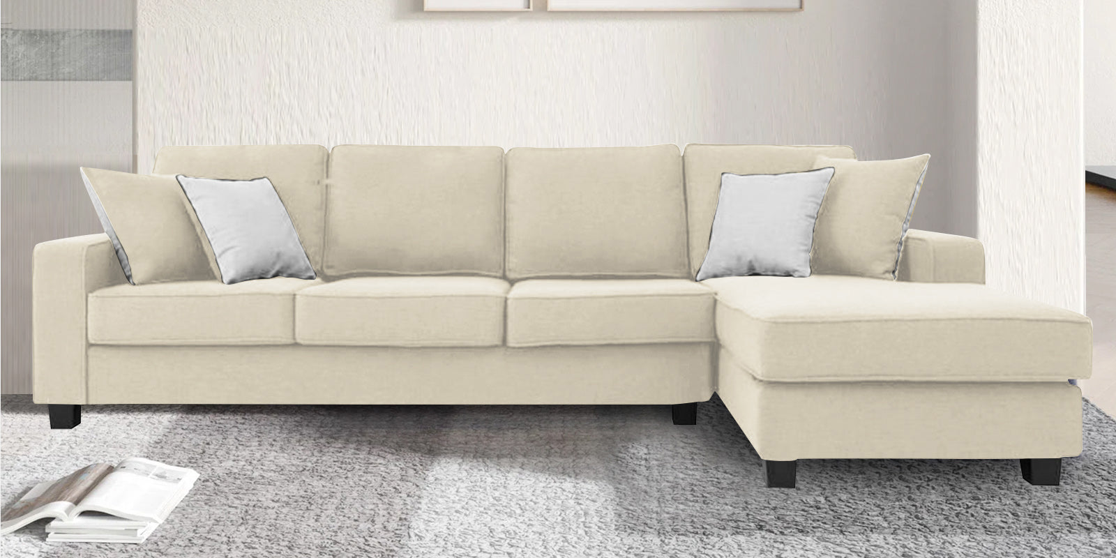 Ladybug Fabric LHS Sectional Sofa (3+Lounger) In Ivory Cream Colour