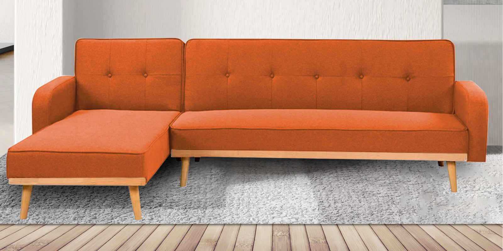 Zuno Fabric RHS Sectional + Sofa Cum Bed In Vivid Orange Colour